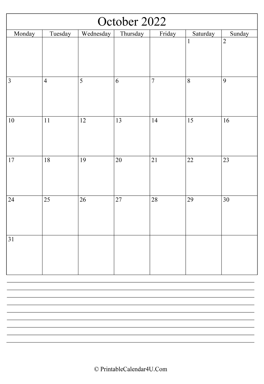 October 2022 Calendar Portrait Printable October Calendar 2022 With Notes (Portrait)