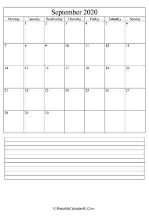 printable september calendar 2020 with notes (portrait layout)