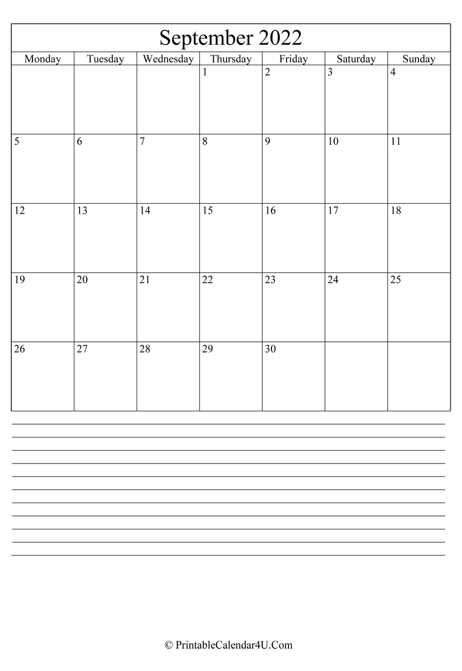 printable september calendar 2022 with notes in portrait layout
