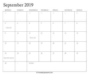 september 2019 calendar printable with holidays