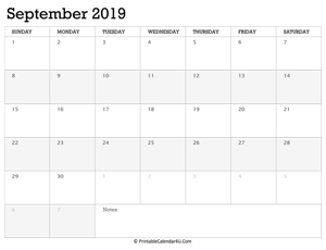 september 2019 calendar printable week starts on sunday