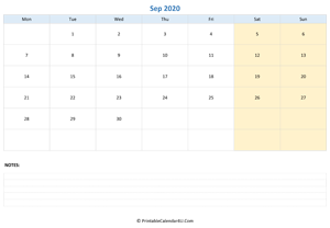 september 2020 calendar editable with notes horizontal layout