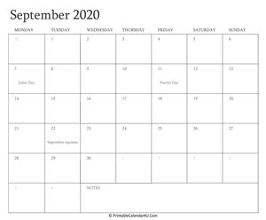 september 2020 calendar printable with holidays