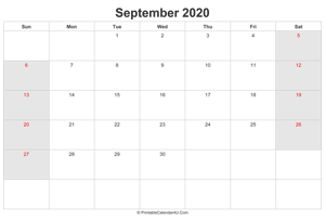 september 2020 calendar with uk bank holidays highlighted landscape layout