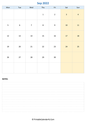 september 2022 calendar editable with notes vertical layout