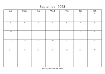 september 2023 calendar printable landscape layout