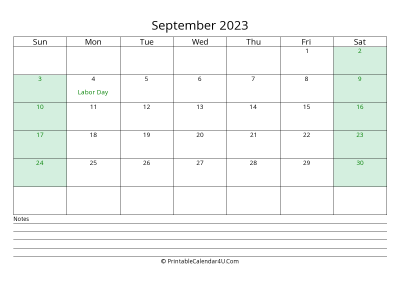 september 2023 calendar with us holidays and notes landscape layout