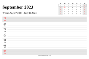 september 2023 weekly calendar with us holidays landscape layout