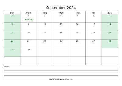 september 2024 calendar with us holidays and notes landscape layout