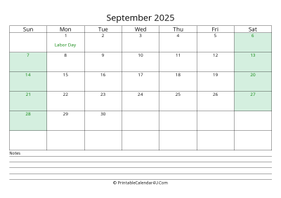 september 2025 calendar with us holidays and notes landscape layout