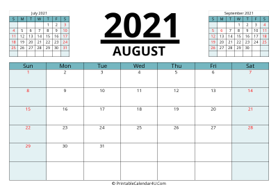 2021 calendar august with previous and next month