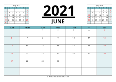 2021 calendar june with previous and next month