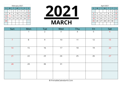 2021 calendar march with previous and next month