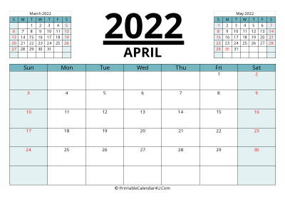2022 calendar april with previous and next month