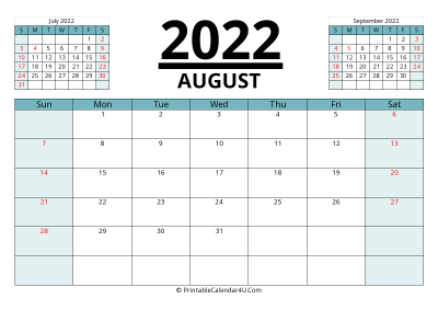 2022 calendar august with previous and next month