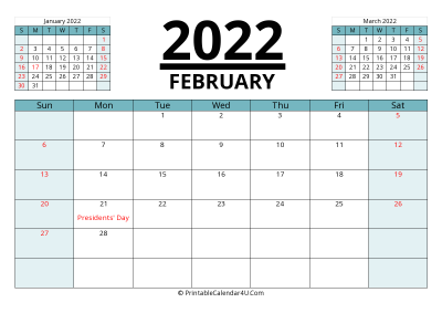 2022 calendar february with previous and next month