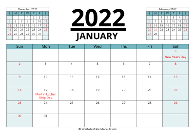 2022 calendar january with previous and next month