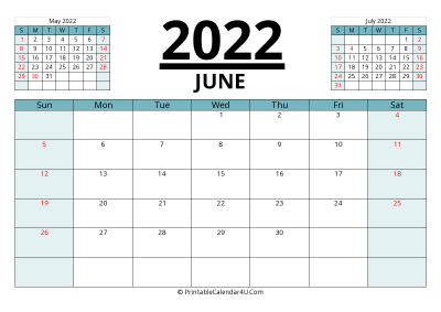 2022 calendar june with previous and next month