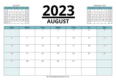 2023 calendar august with previous and next month