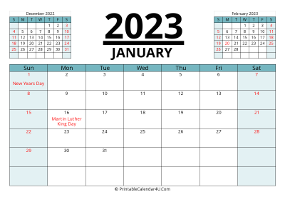 2023 calendar january with previous and next month