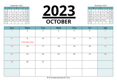 2023 calendar october with previous and next month