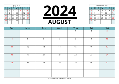 2024 calendar august with previous and next month