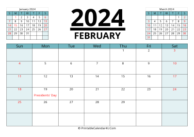 2024 calendar february with previous and next month