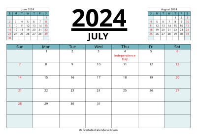 2024 calendar july with previous and next month