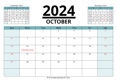 2024 calendar october with previous and next month