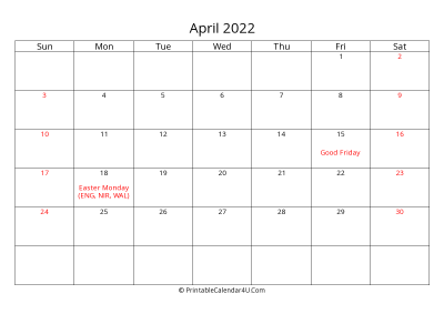 april 2022 calendar printable with uk bank holidays