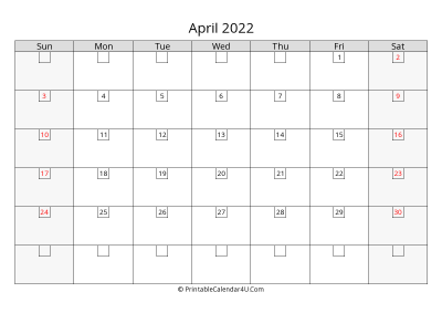 april 2022 calendar with days in box
