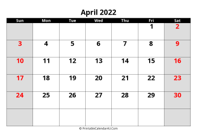 april 2022 editable calendar with large font size