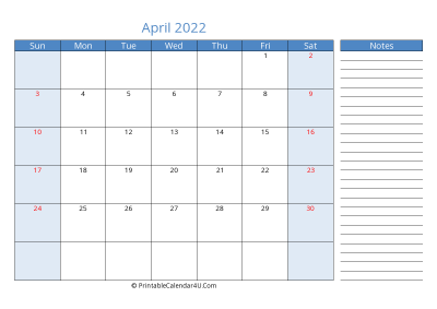 april 2022 printable calendar with us holidays, sunday start, side notes, landscape, letter