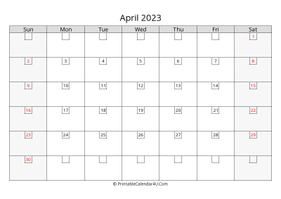 april 2023 calendar with days in box