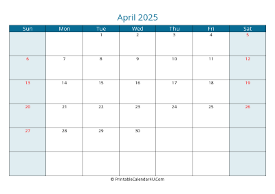 april 2025 calendar printable with us holidays, sunday start, landscape, letter paper size
