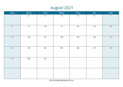 august 2021 calendar printable with us holidays, sunday start, landscape, letter paper size
