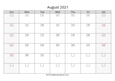 august 2021 calendar with days in box