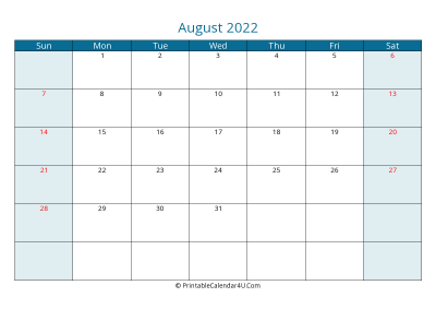 august 2022 calendar printable with us holidays, sunday start, landscape, letter paper size