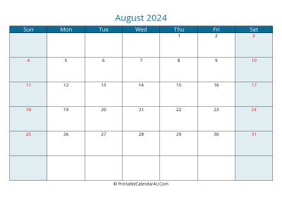 august 2024 calendar printable with us holidays, sunday start, landscape, letter paper size