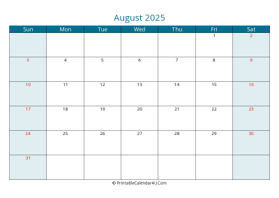 august 2025 calendar printable with us holidays, sunday start, landscape, letter paper size