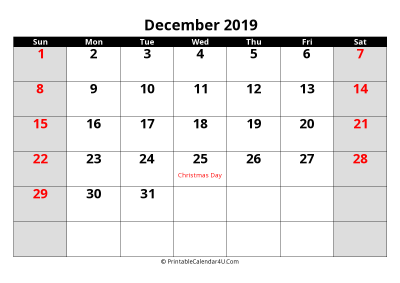 december 2019 editable calendar with large font size