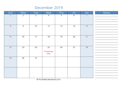 december 2019 printable calendar with us holidays, sunday start, side notes, landscape, letter
