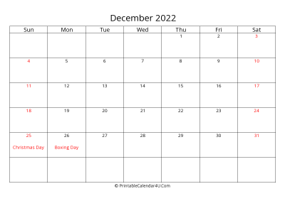 december 2022 calendar printable with uk bank holidays