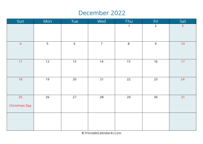 december 2022 calendar printable with us holidays, sunday start, landscape, letter paper size