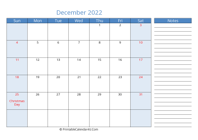 december 2022 printable calendar with us holidays, sunday start, side notes, landscape, letter