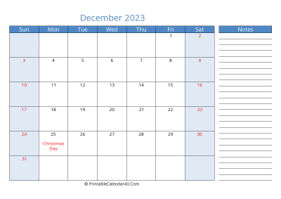 december 2023 printable calendar with us holidays, sunday start, side notes, landscape, letter