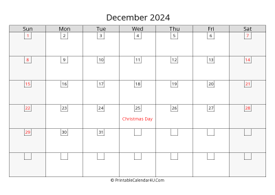 december 2024 calendar with days in box
