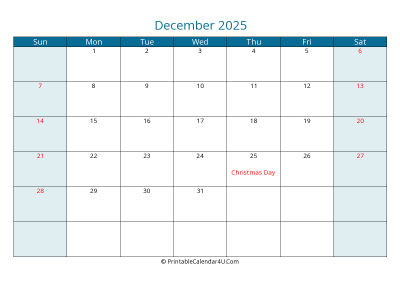 december 2025 calendar printable with us holidays, sunday start, landscape, letter paper size