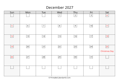 december 2027 calendar with days in box