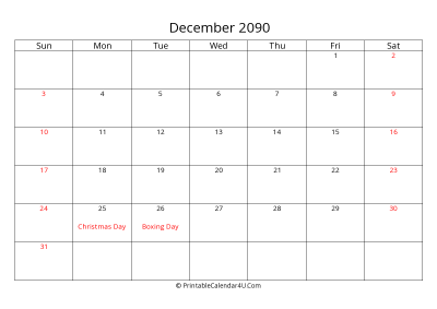 december 2090 calendar printable with uk bank holidays